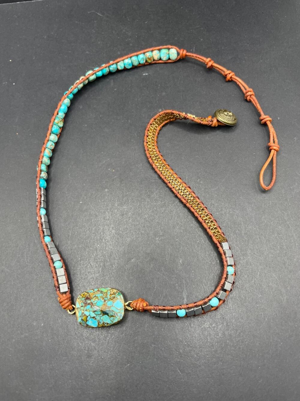 Vtg Boho Ocean Jasper Gemstones Crystal Leather Wrap Bracelet / Necklace